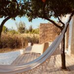 A hammock strung between orange trees on the deck