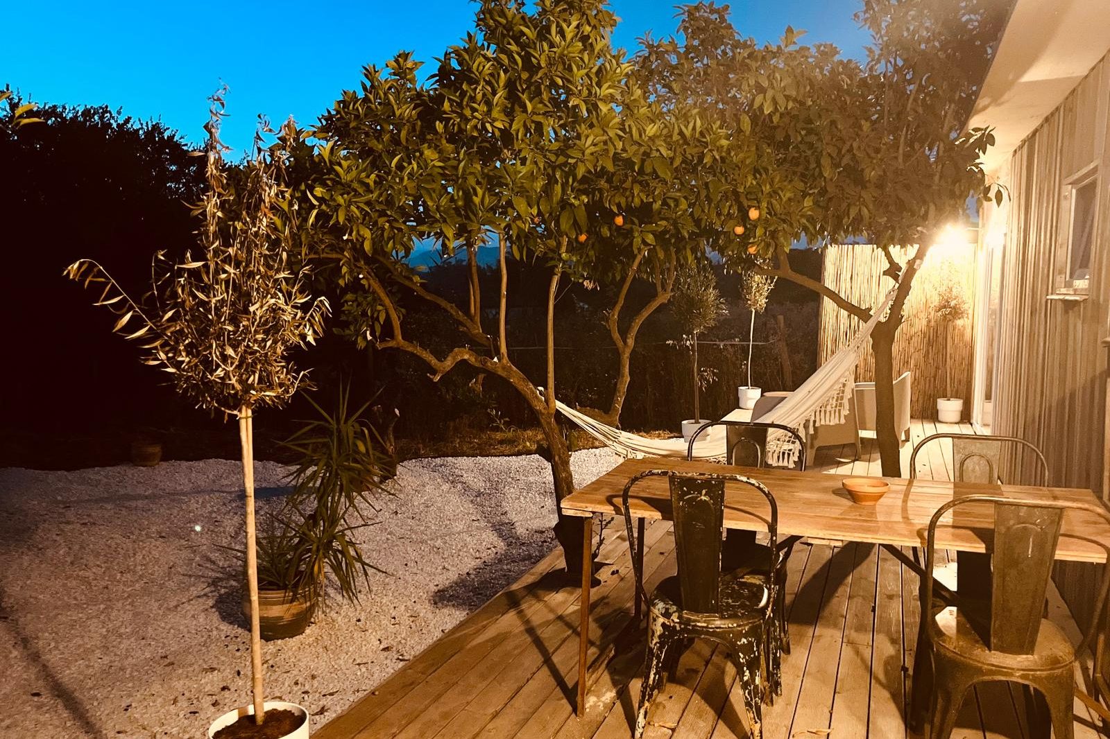 The terrace at Finca W after dark